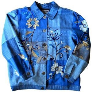 Indigo Moon Blue Embroidered Jacket Fully Lined Button Front Made in India Large